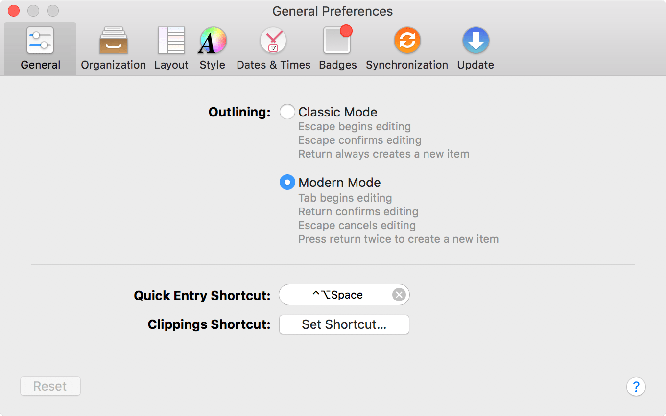 The General tab of OmniFocus Preferences.