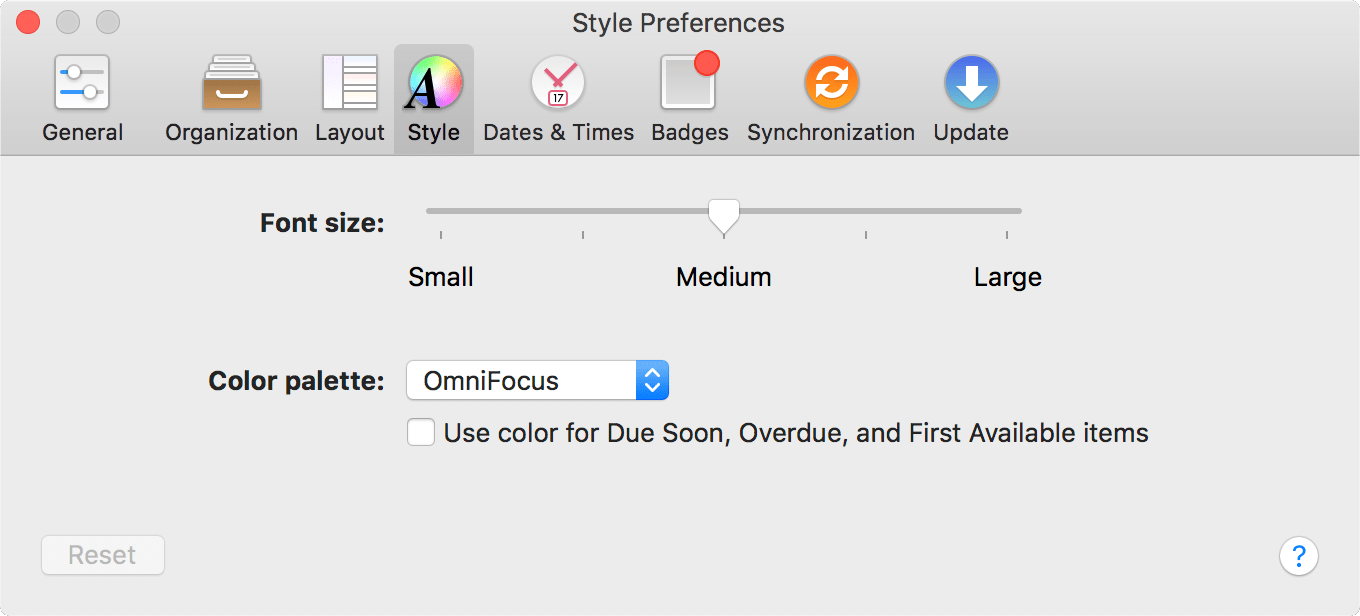 The Style tab of OmniFocus Preferences.
