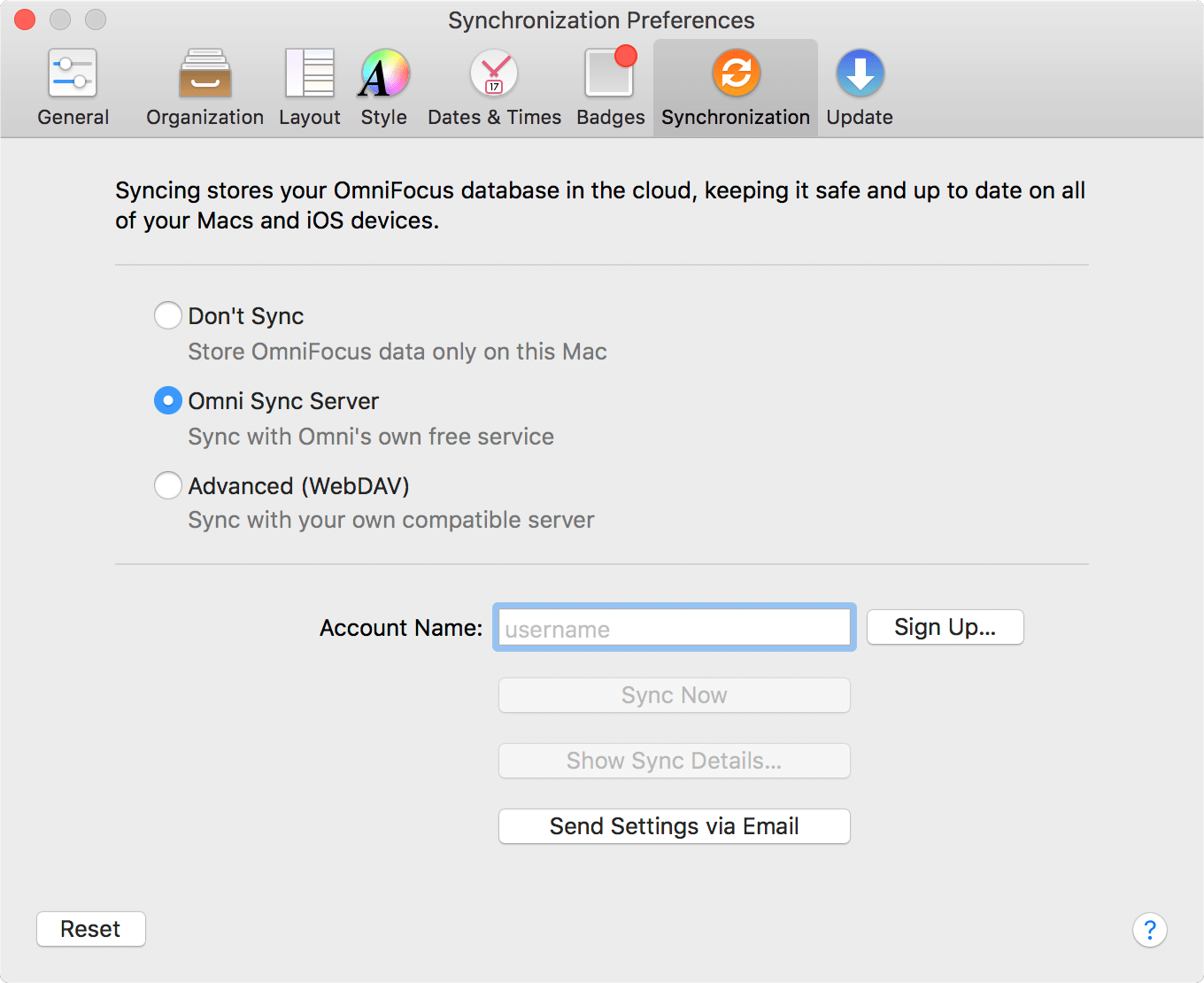 The Synchronization tab of OmniFocus Preferences.