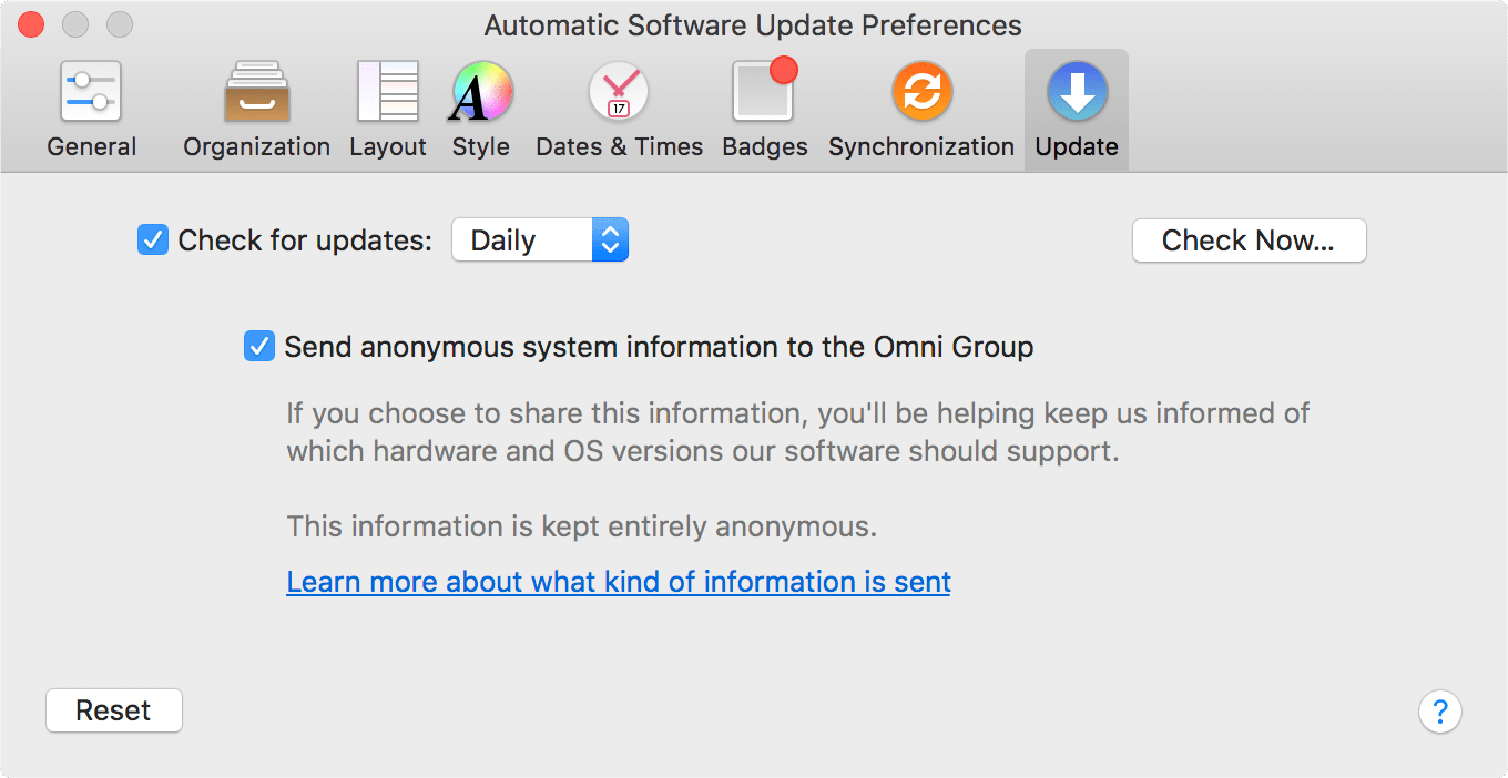 The Update tab of OmniFocus Preferences.