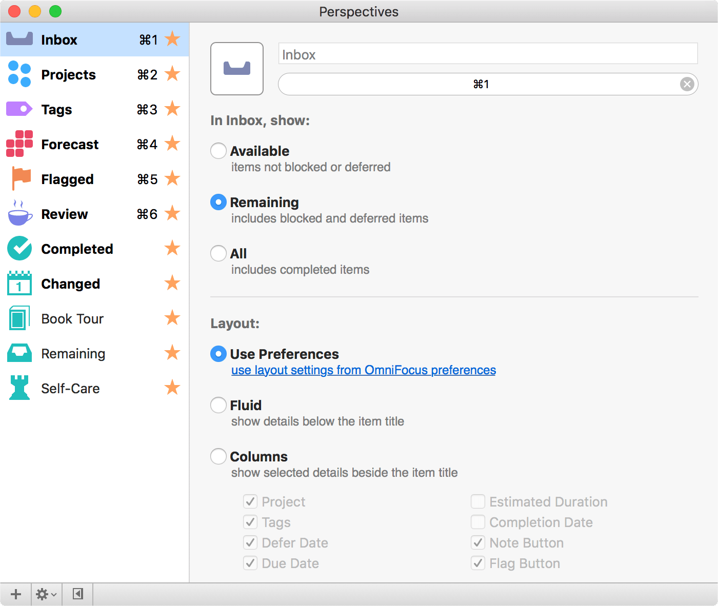 The Perspectives window in OmniFocus Pro, with the built-in Inbox perspective selected.