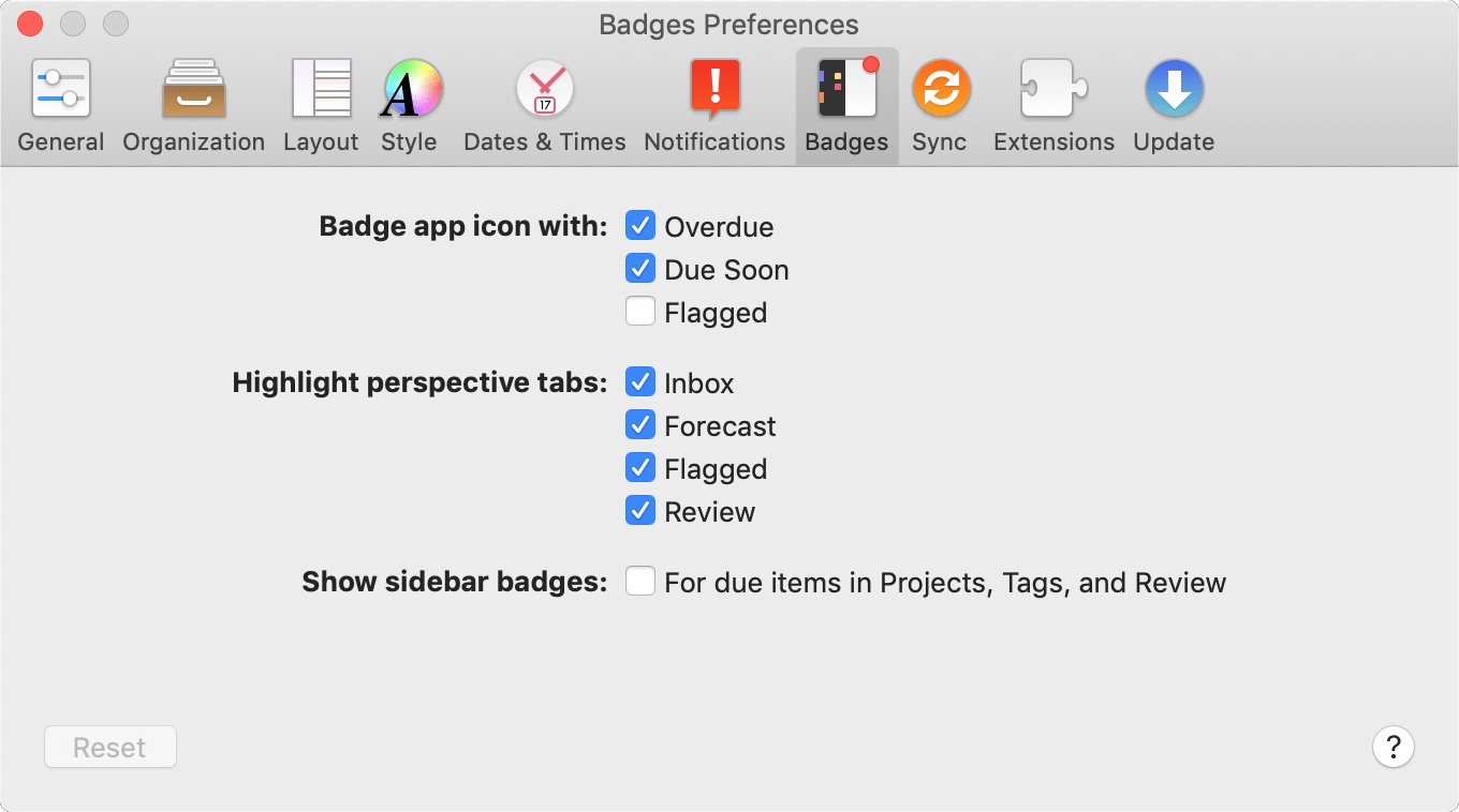 The Badges tab of OmniFocus Preferences.