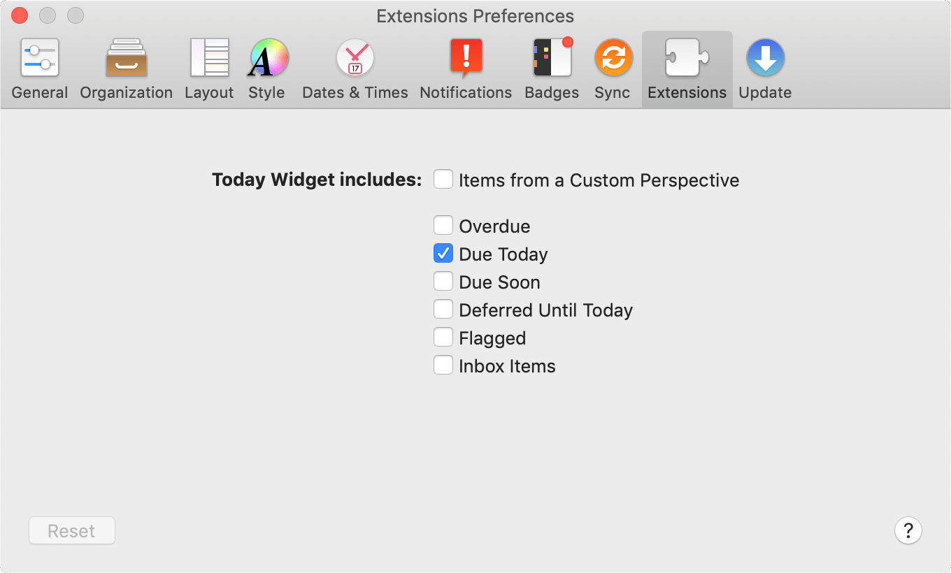 The Extensions tab of OmniFocus Preferences.