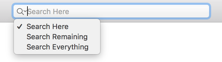 the Search field in the OmniFocus toolbar, with options to change the scope of the search