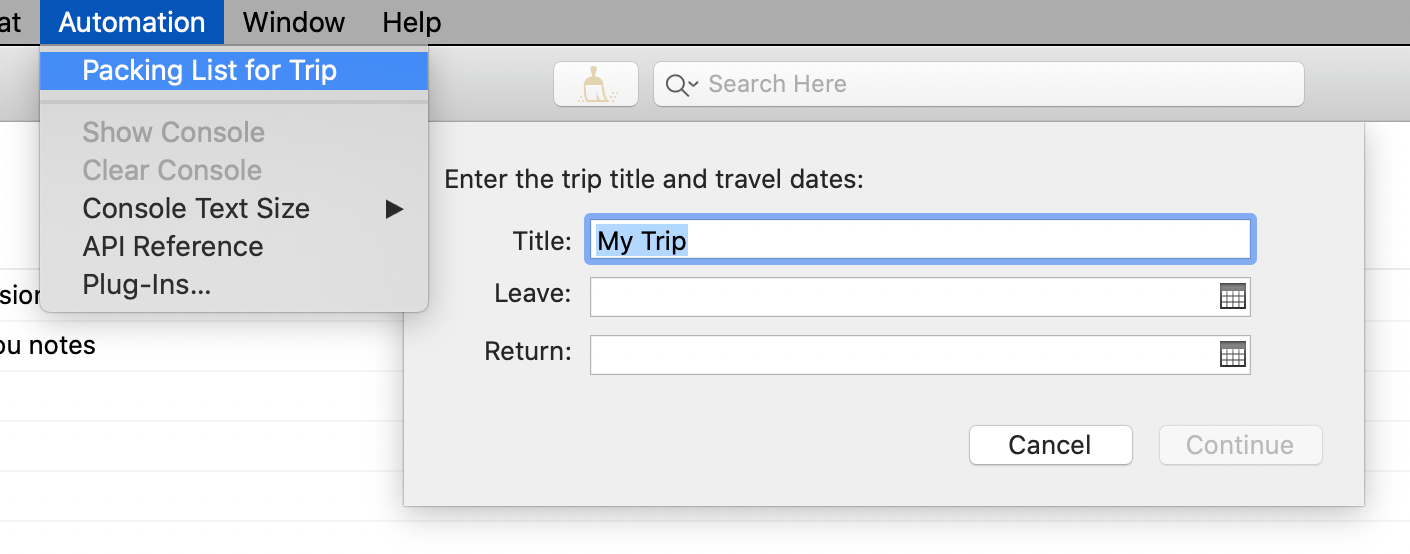 Running the Packing List for Trip Plug-In from the Automation Menu.