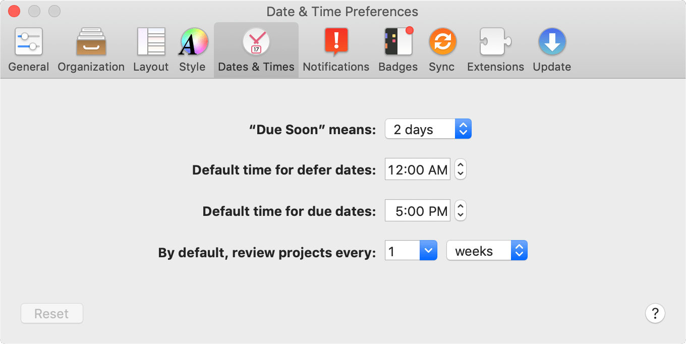 The Dates and Times tab of OmniFocus Preferences.