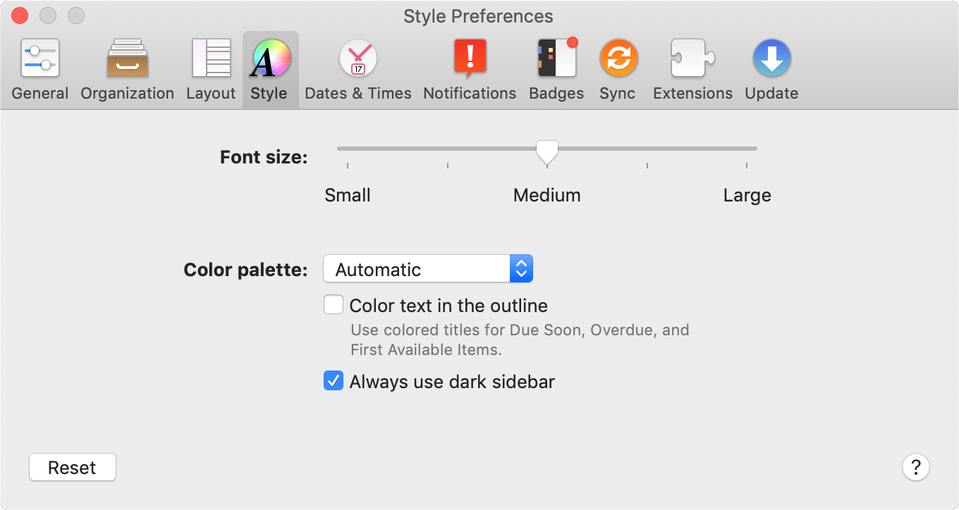 The Style tab of OmniFocus Preferences.