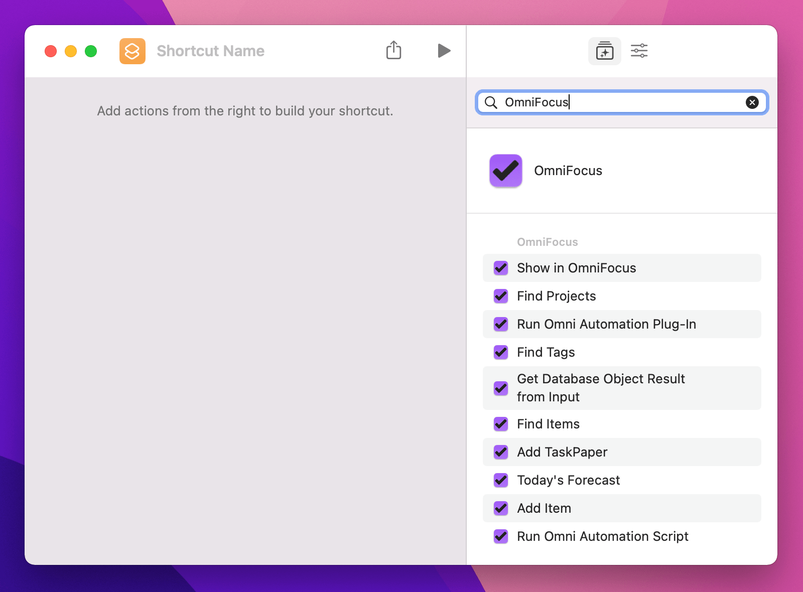 OmniFocus actions in the Shortcuts app.