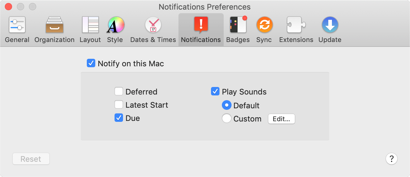 The Notifications tab of OmniFocus Preferences.