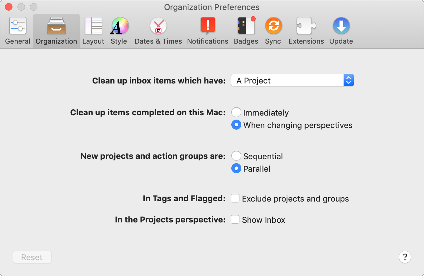 The Organization tab of OmniFocus Preferences.