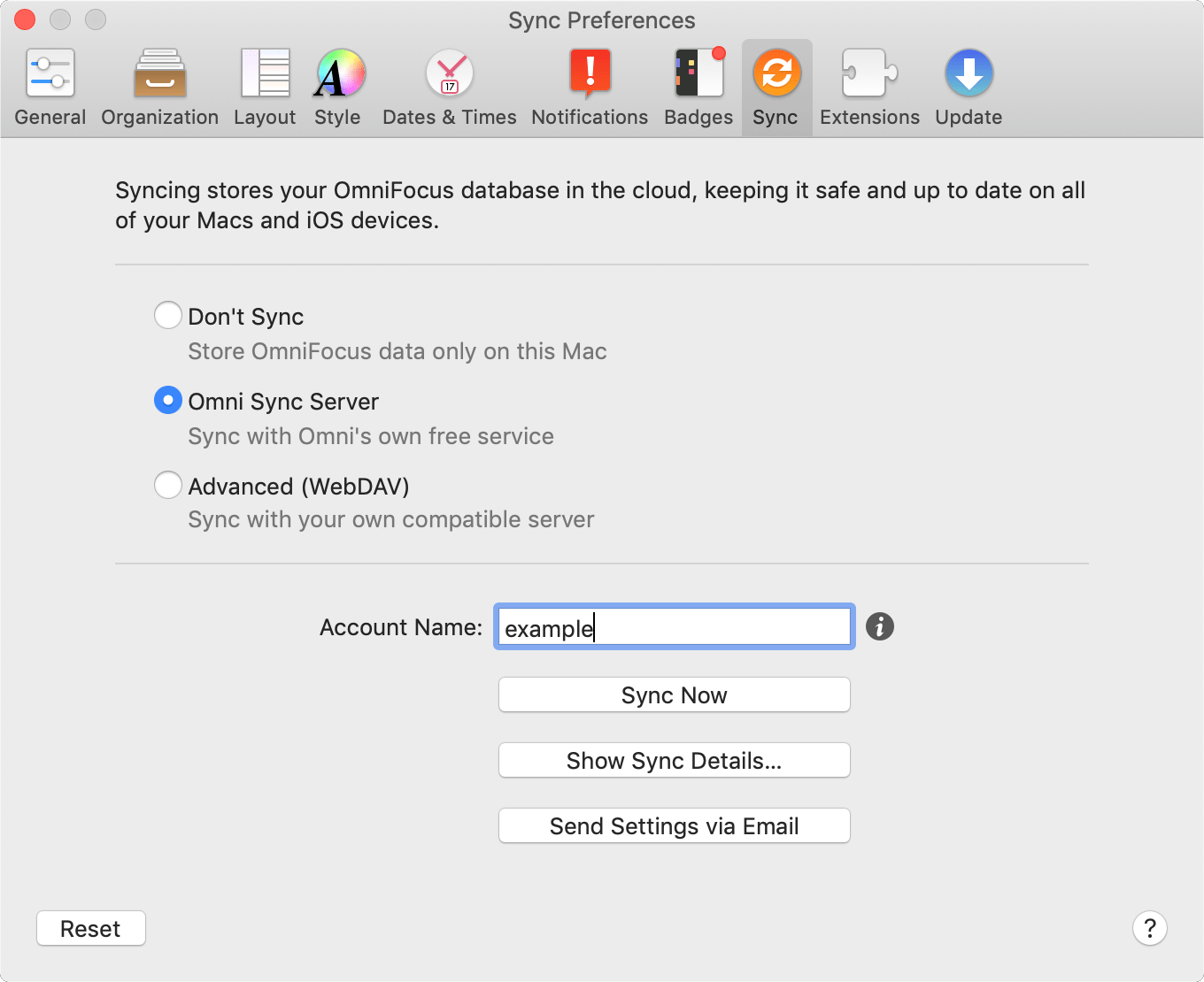 The Sync tab of OmniFocus Preferences.