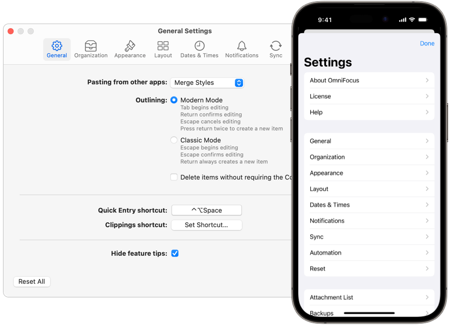 Image showing OmniFocus Settings on Mac and iPhone