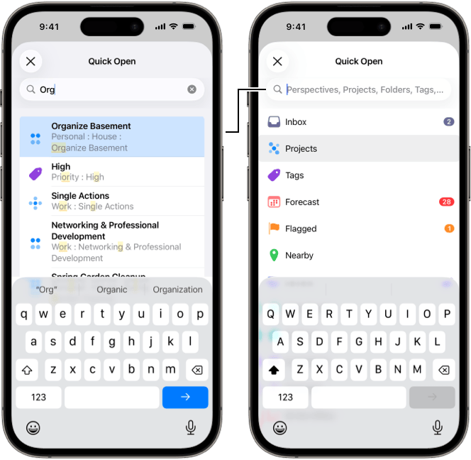 Image of the Quick Open dialog on iPhone