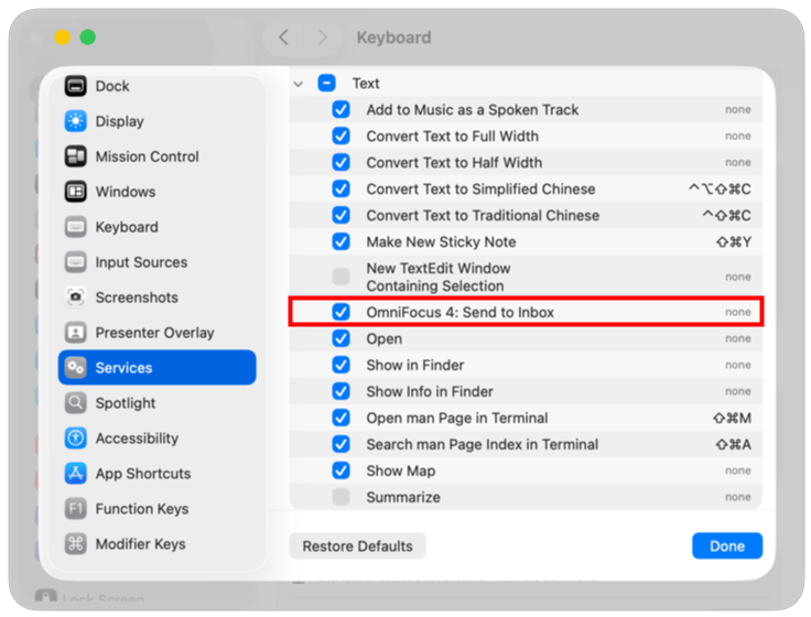 Image showing the Keyboard Shortcuts window in System Settings, with the OmniFocus 4: Send to Inbox Text Service selected