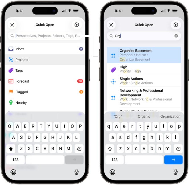 Image of the Quick Open dialog on iPhone