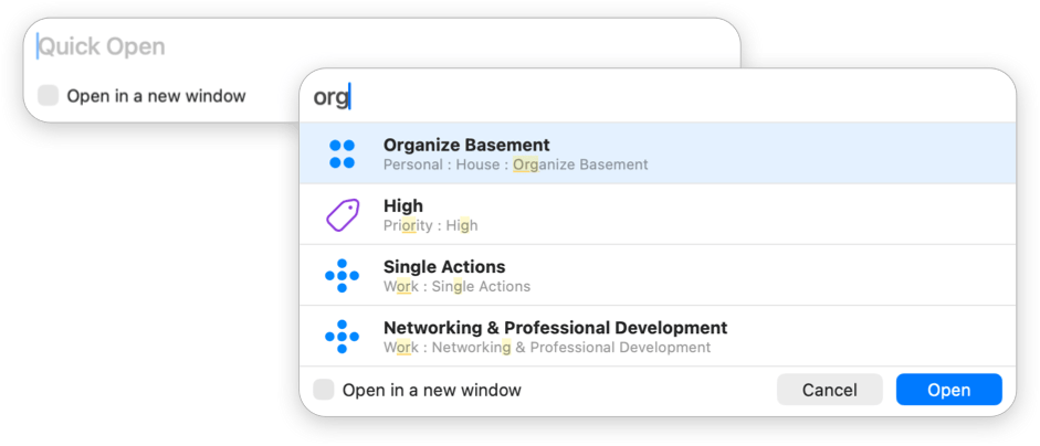 Image of the Quick Open dialog on Mac