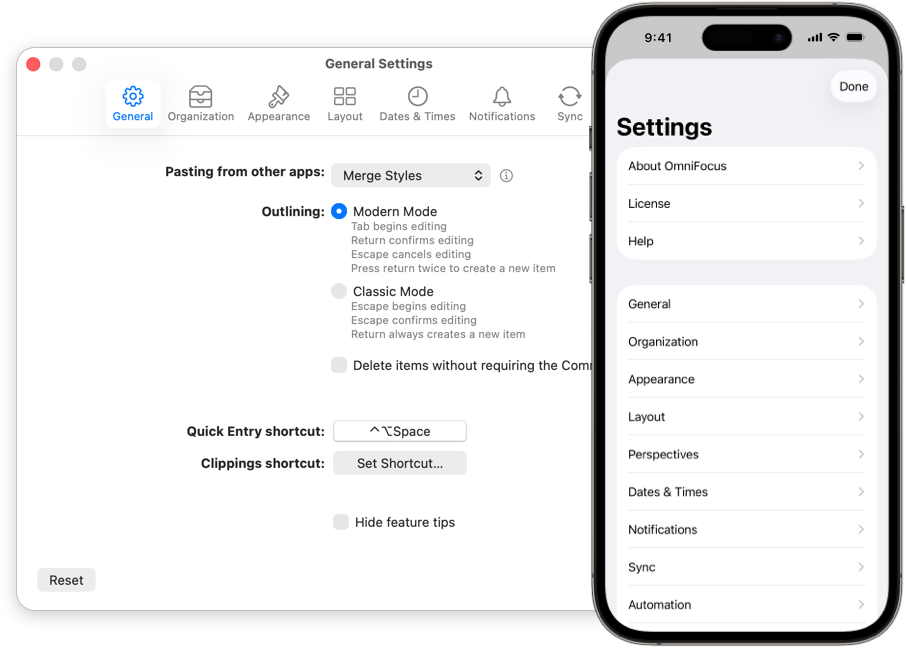 Image showing OmniFocus Settings on Mac and iPhone