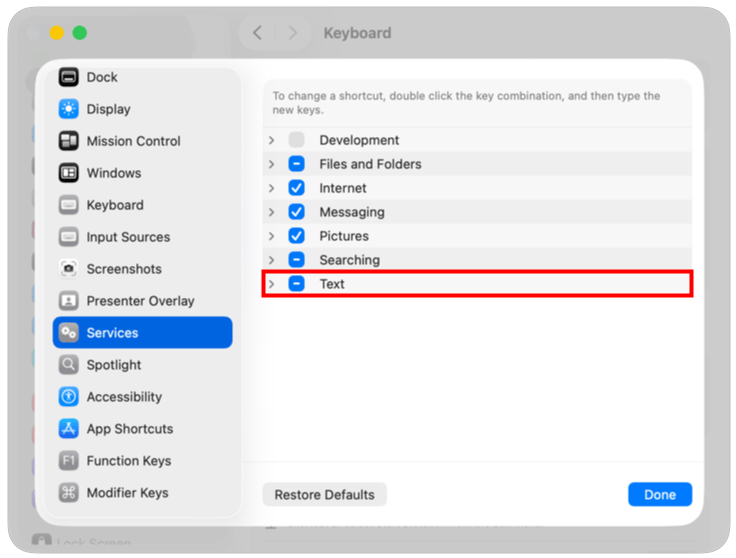 Image showing the Keyboard Shortcuts window in System Settings, with the Text Services section header selected
