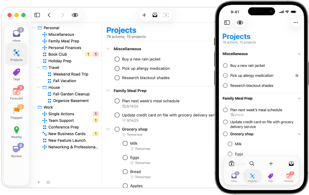 Image of the Projects perspective on Mac and iPhone