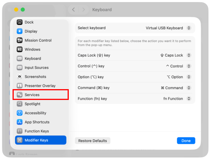Image showing the Keyboard Shortcuts window in System Settings, with Services selected in the sidebar