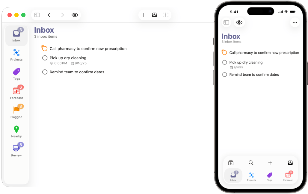Image of the Inbox perspective on Mac and iPhone