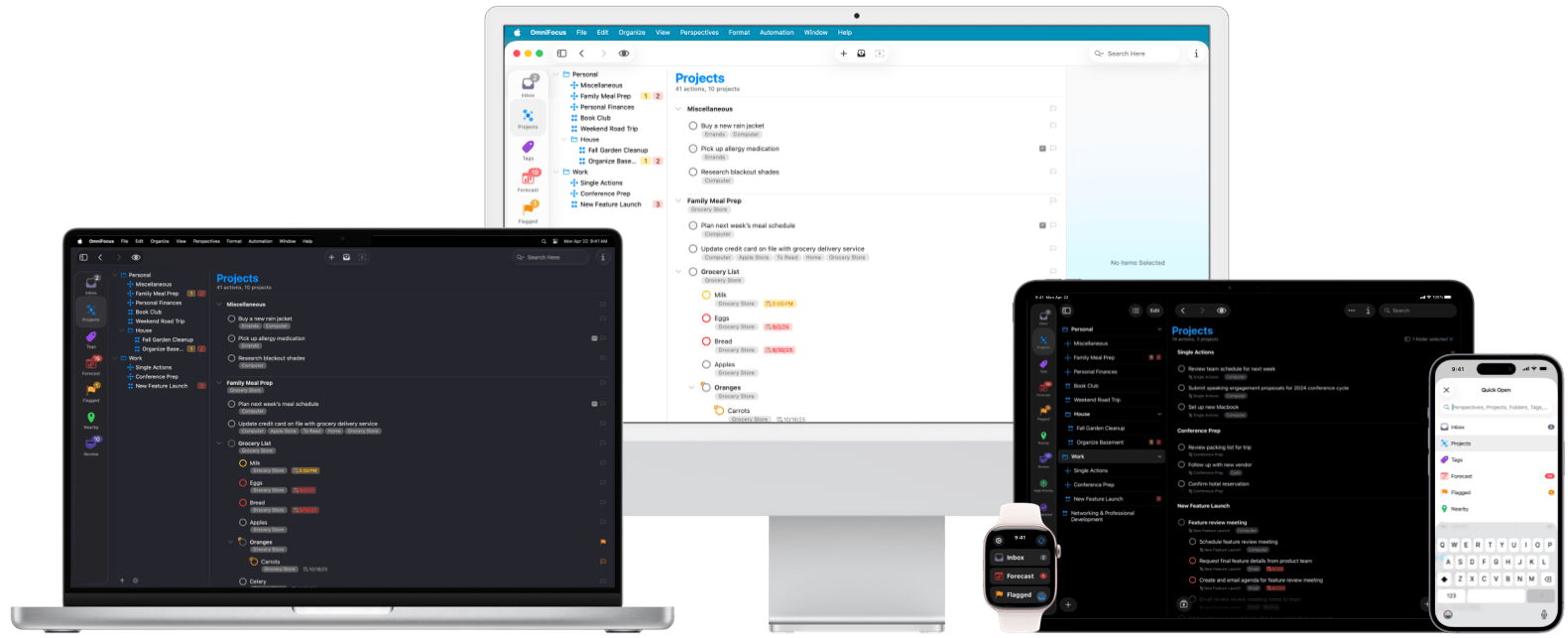 Image of OmniFocus 4 on Mac, iPhone, iPad, and Apple Watch, showing different views of the application, as part of the Welcome message