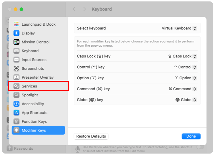 Image showing the Keyboard Shortcuts window in System Settings, with Services selected in the sidebar