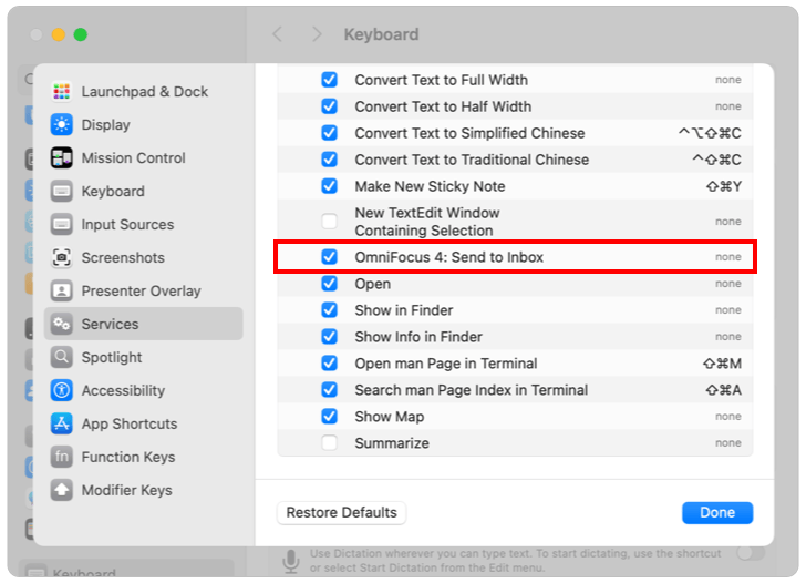 Image showing the Keyboard Shortcuts window in System Settings, with the OmniFocus 4: Send to Inbox Text Service selected