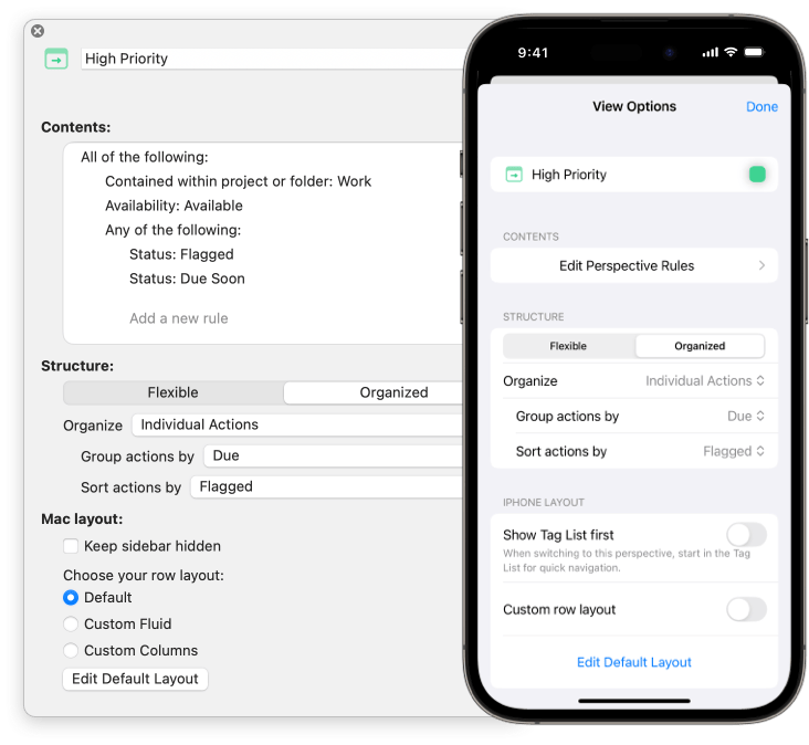 Image showing the View Options for a custom perspective on Mac and iPhone