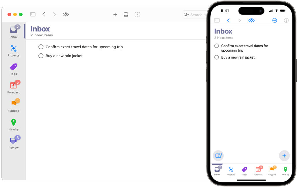 Image of the Inbox perspective on Mac and iPhone