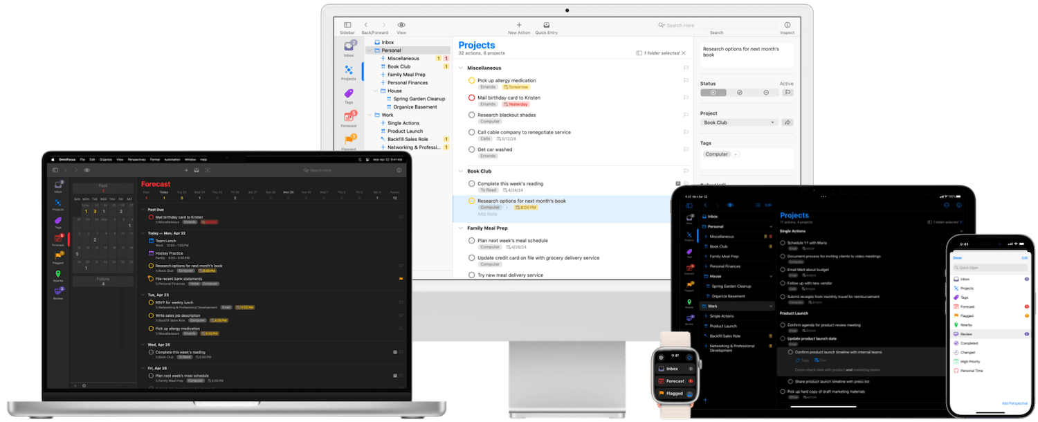 Image of OmniFocus 4 on Mac, iPhone, iPad, and Apple Watch, showing different views of the application, as part of the Welcome message