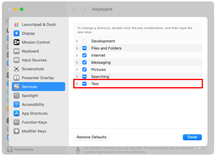 Image showing the Keyboard Shortcuts window in System Settings, with the Text Services section header selected