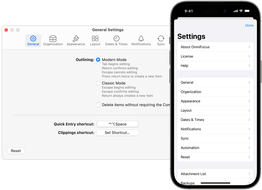 Image showing OmniFocus Settings on Mac and iPhone