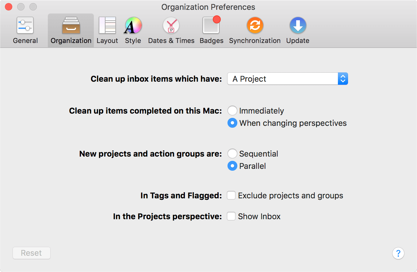 The Organization tab of OmniFocus Preferences.