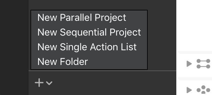 Creating a new folder with the Plus menu beneath the sidebar in the Projects perspective.