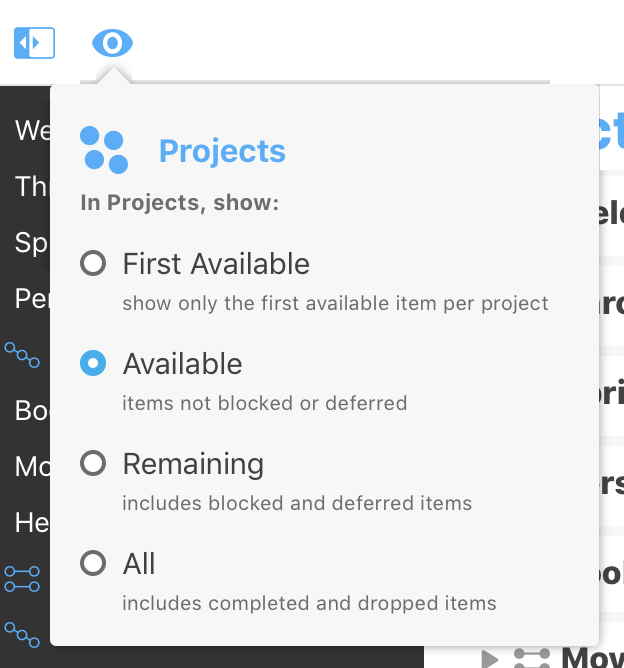 View Options in the dropdown View menu in the Projects perspective.