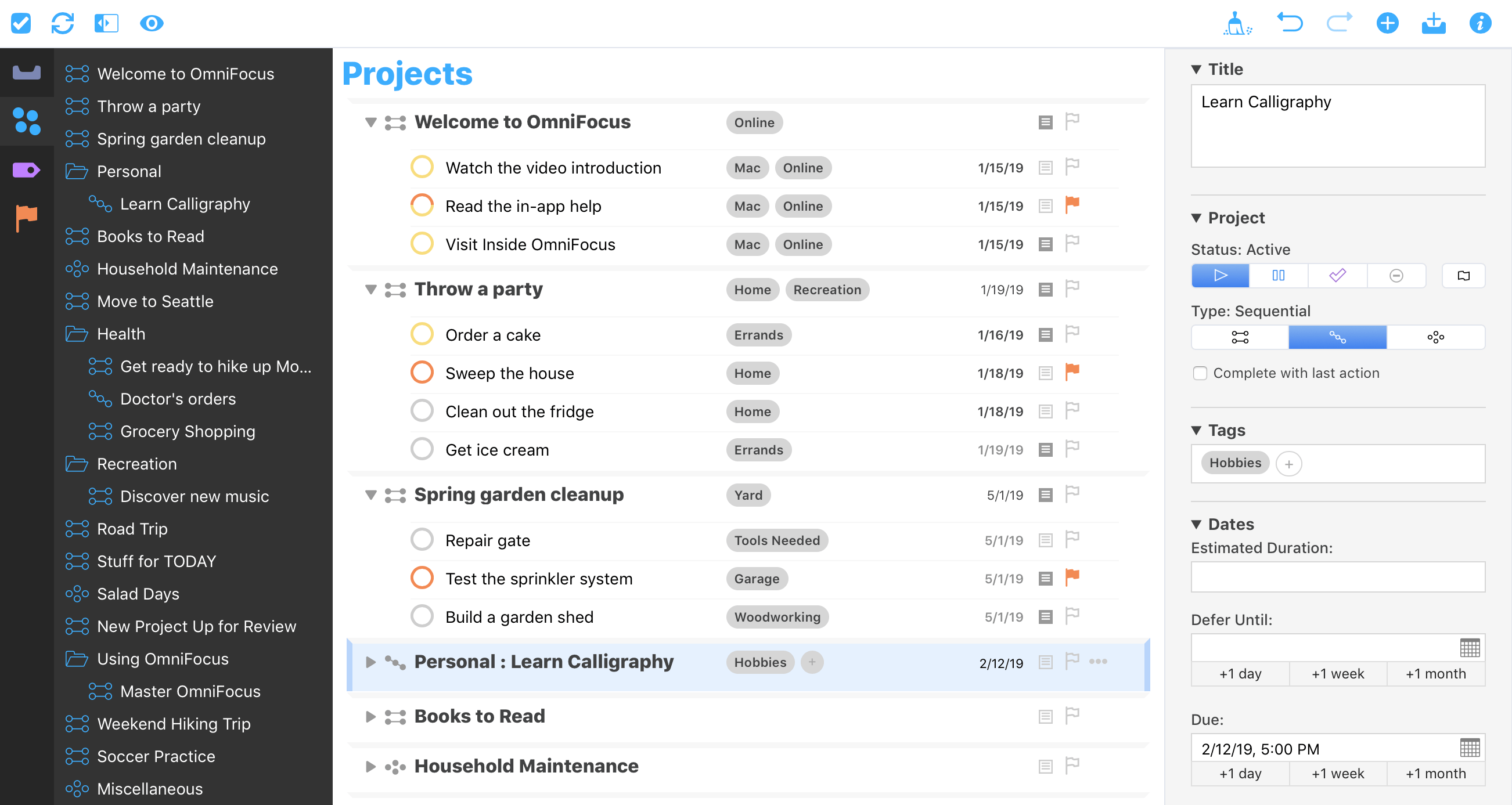 The Projects perspective in OmniFocus for the Web in Safari for Mac.