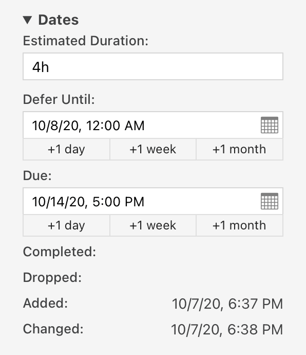 The Dates section of the inspector.