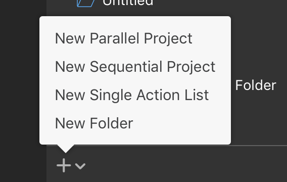 Creating a new folder with the Plus menu beneath the sidebar in the Projects perspective.