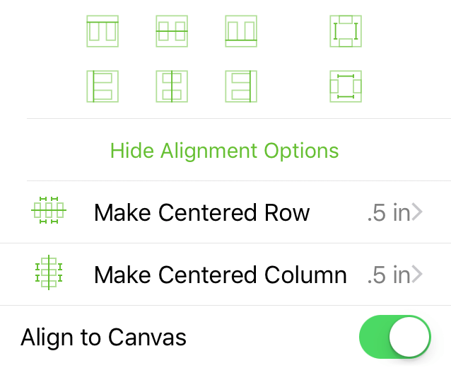 The Alignment inspector, when aligning objects to the canvas