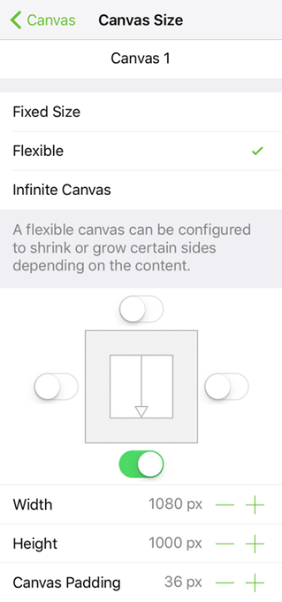 The Canvas Size inspector set to a Flexible size