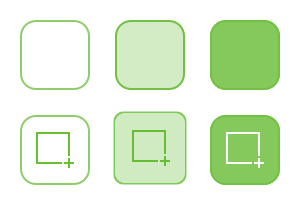 A grid of six icons; the three on the top row represent unselected, selected, and sticky tools, respectively. The three on the bottom row illustrate those three button states using the Shape tool as an example.
