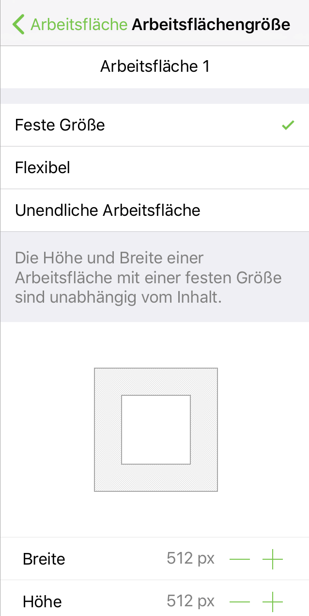 Das Informationsfenster „Arbeitsflächengröße“, in dem eine Arbeitsfläche mit einer festen Größe festgelegt ist