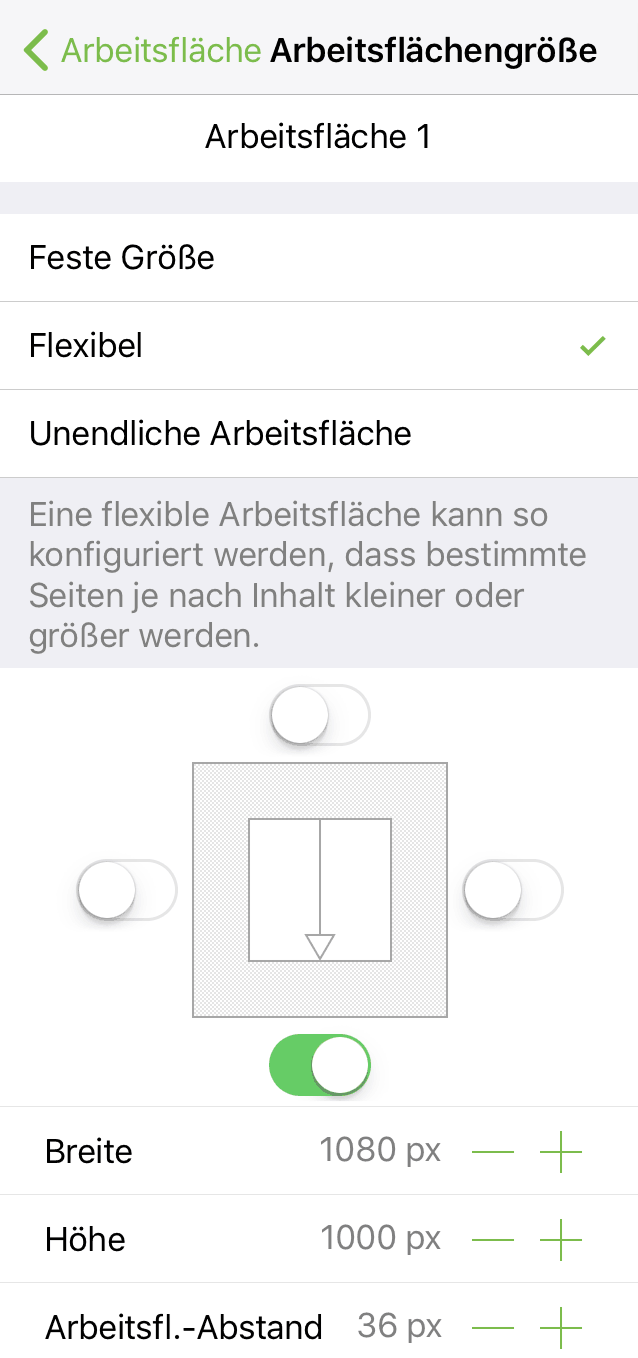 Das Informationsfenster „Arbeitsflächengröße“, in dem eine flexible Größe festgelegt ist