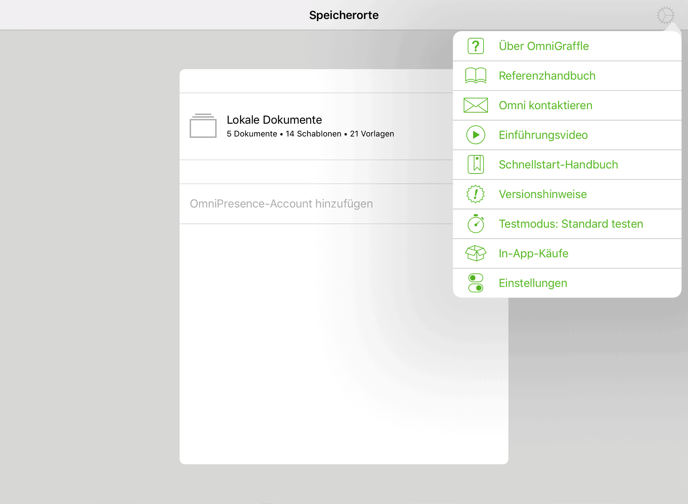Der Bildschirm „Speicherorte“ mit dem geöffneten App-Menü