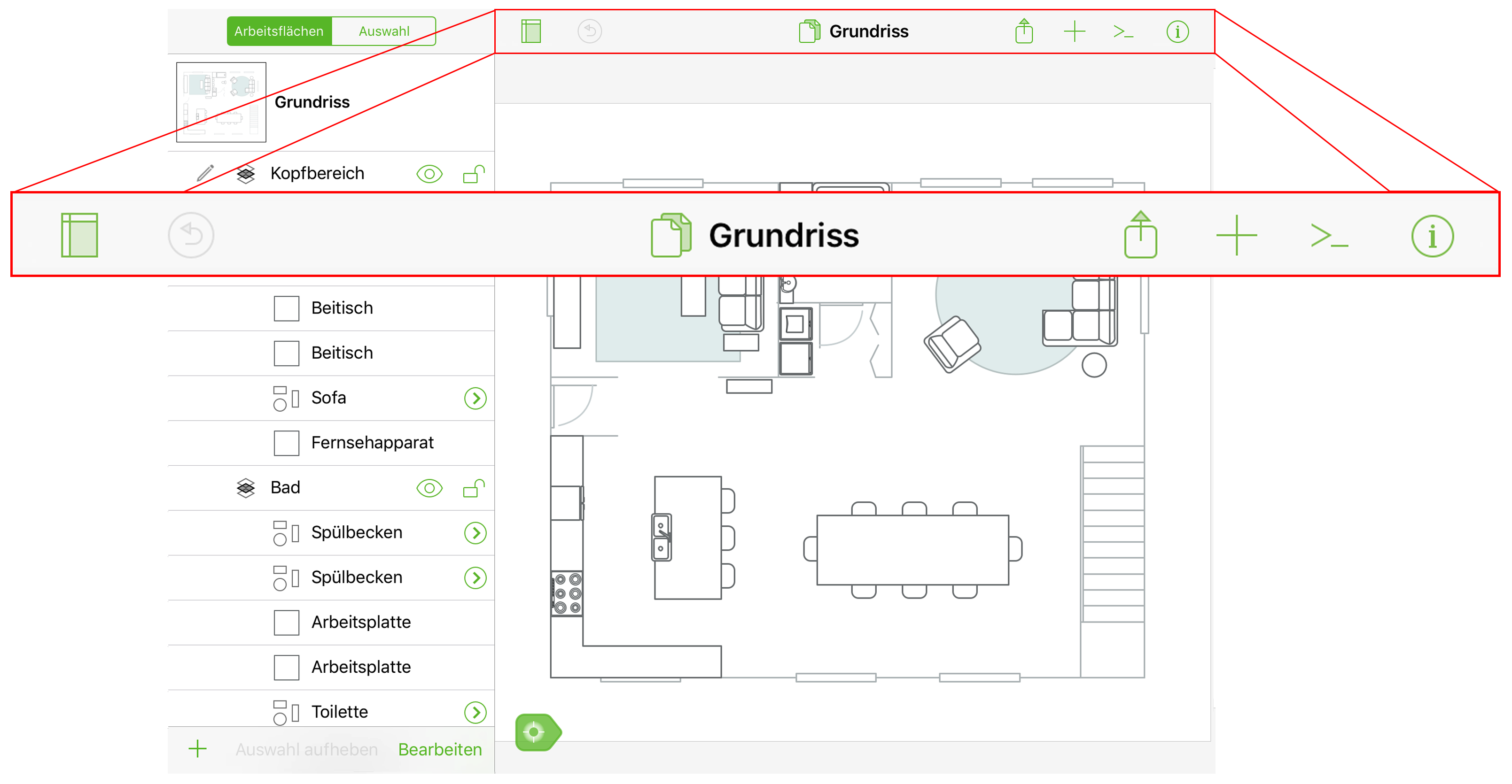 Das Bild von OmniGraffle auf dem iPad, wobei die Dokumentsymbolleiste isoliert ist und durch eine Explosionsansicht größer erscheint.