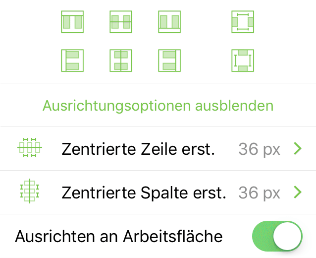 Das Informationsfenster „Ausrichtung“, wenn Objekte an der Arbeitsfläche ausgerichtet werden