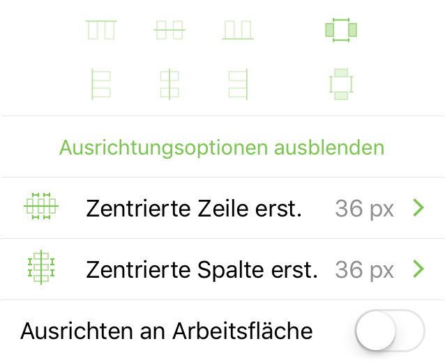 Das Informationsfenster „Ausrichtung“, wenn Objekte aneinander ausgerichtet werden