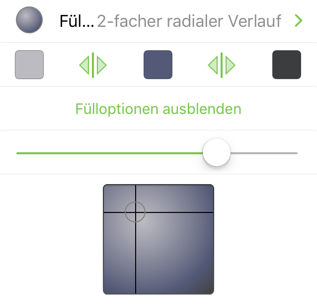 Das Informationsfenster „Füllung“, in dem „2-facher radialer Verlauf“ ausgewählt ist