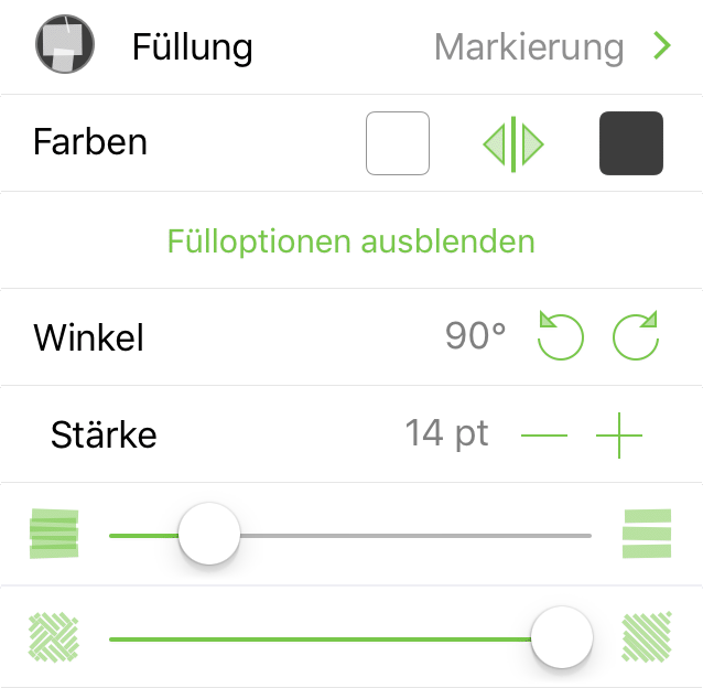Das Informationsfenster „Füllung“, in dem „Markierung“ ausgewählt ist